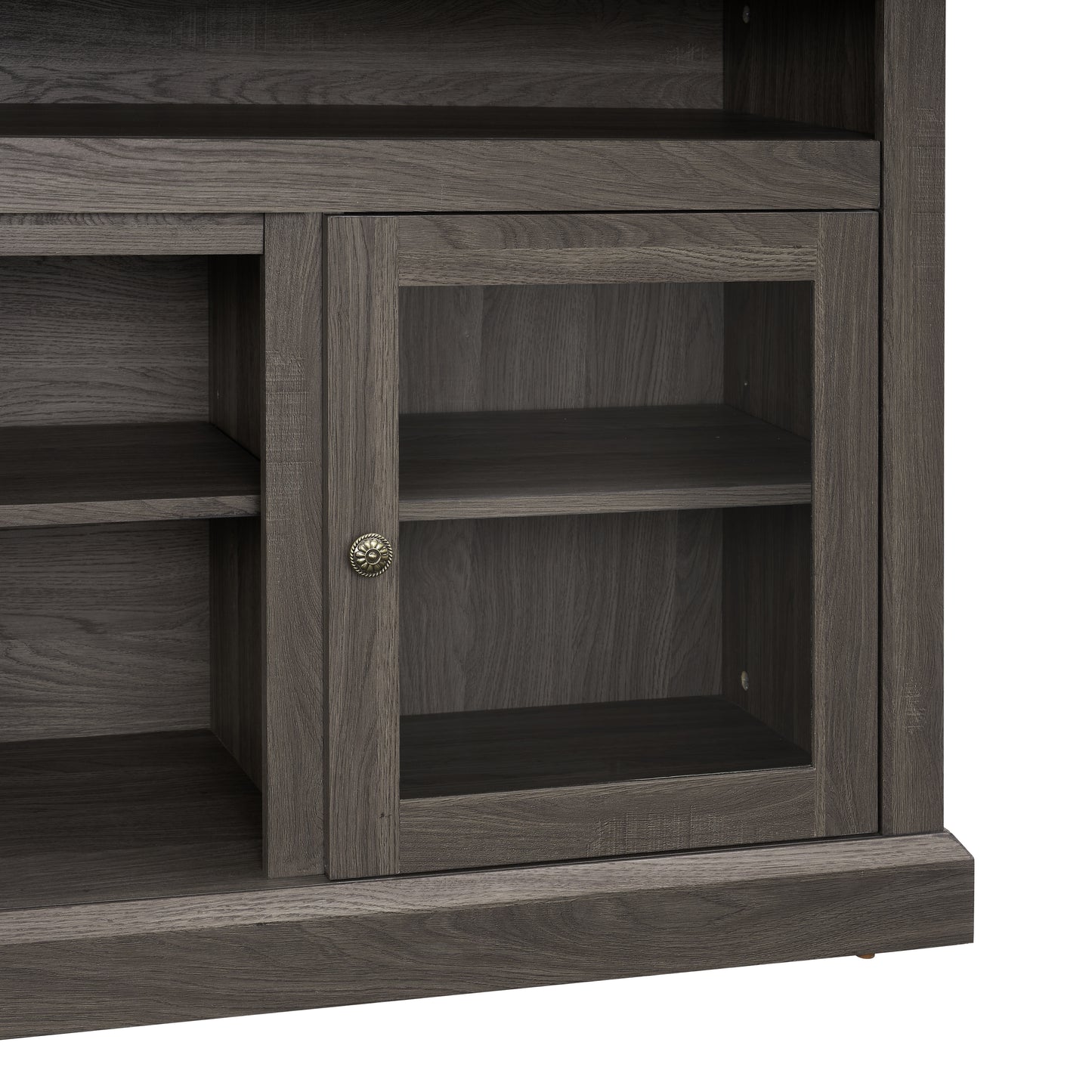 Dark gray oak media console with glass door cabinet and open shelving