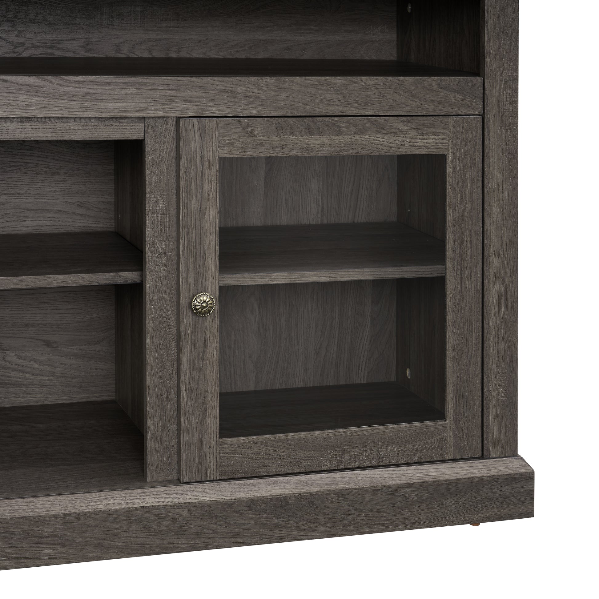 Dark gray oak media console with glass door cabinet and open shelving