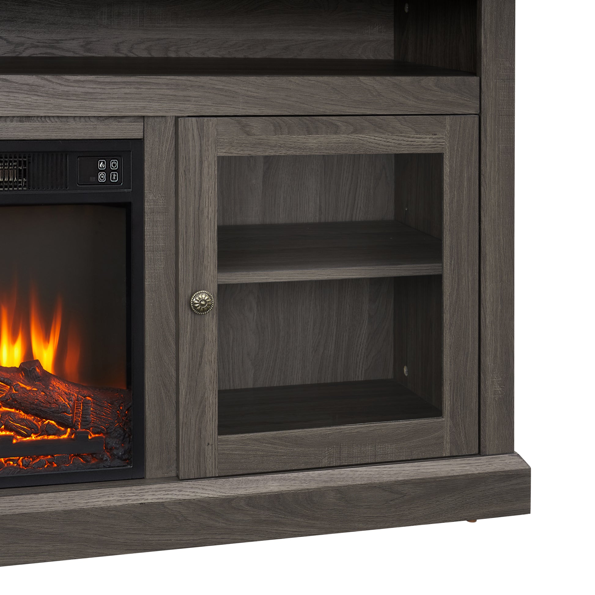 Dark grey wood grain TV stand with glass door cabinet and electric fireplace insert