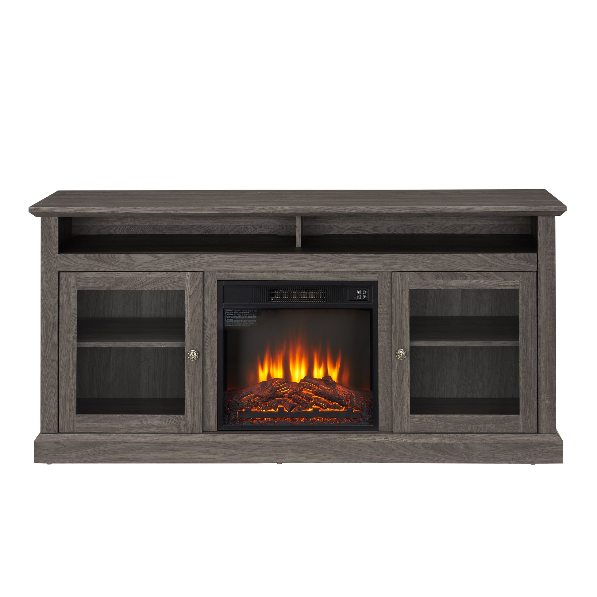 Rustic grey wash media console with electric fireplace and glasspaneled cabinets