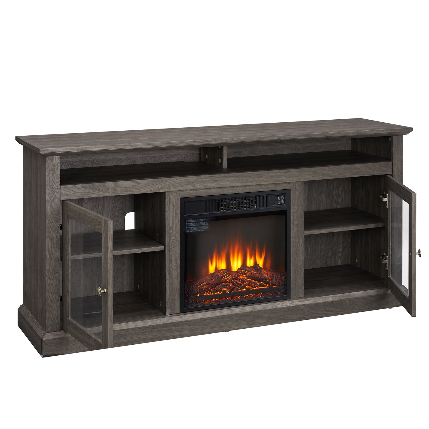 Grey wood entertainment center with electric fireplace and glass doors