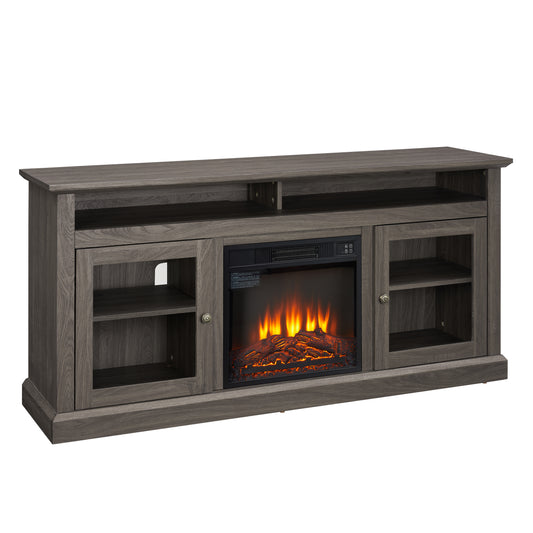 Rustic gray media console with electric fireplace and glassdoor cabinets
