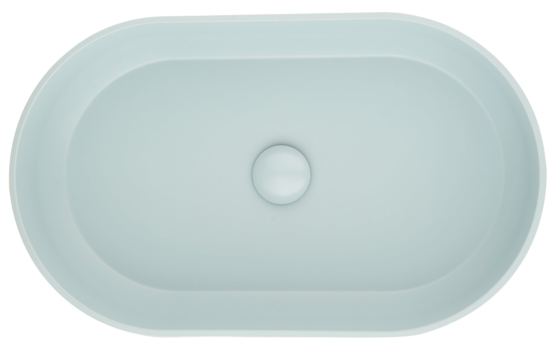 Matte light blue oval vessel sink with a central drain opening