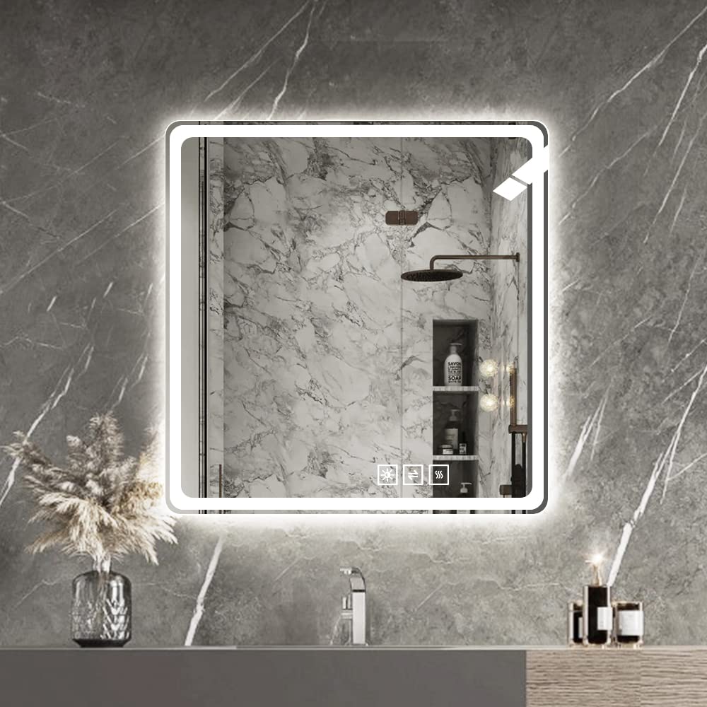Modern bathroom mirror with integrated LED lighting antifog and touch controls for a sleek vanity