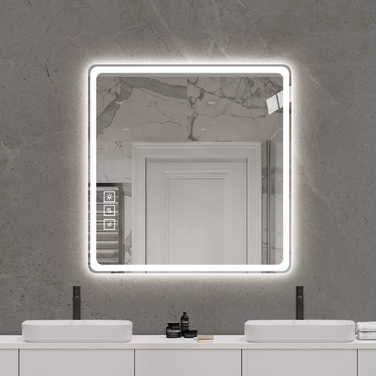 Illuminated square bathroom mirror with touch controls for vanity lighting