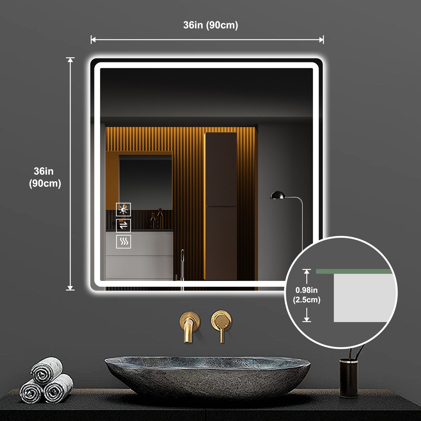 inch square illuminated bathroom mirror with touch controls for light and defogger