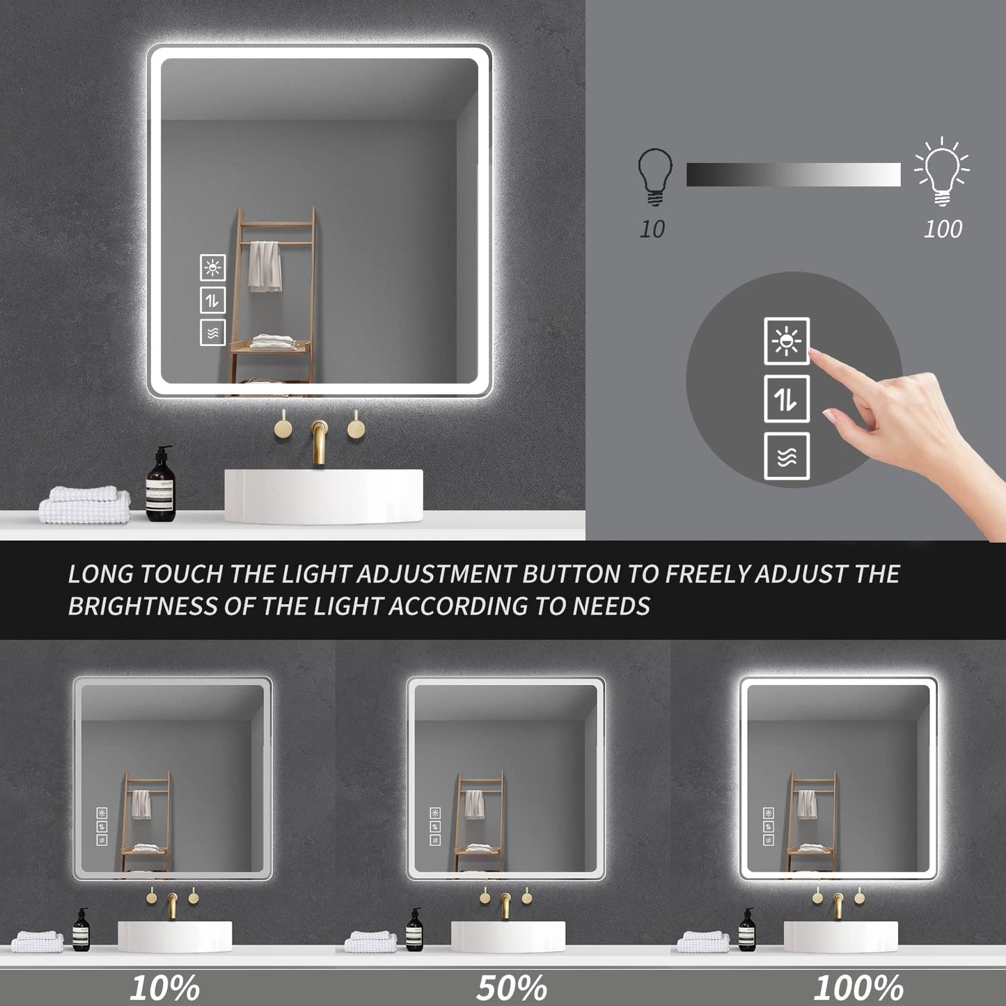 Square LED vanity mirror with adjustable brightness and touch controls