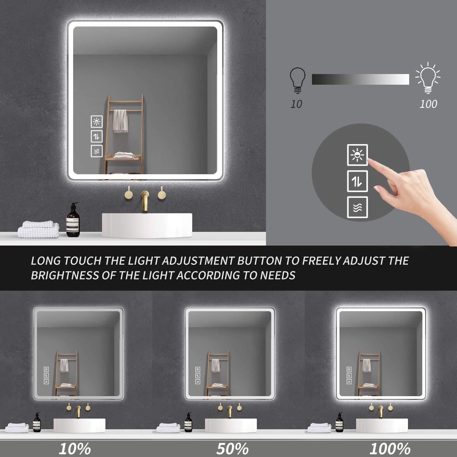 Square LED vanity mirror with adjustable brightness and touch controls