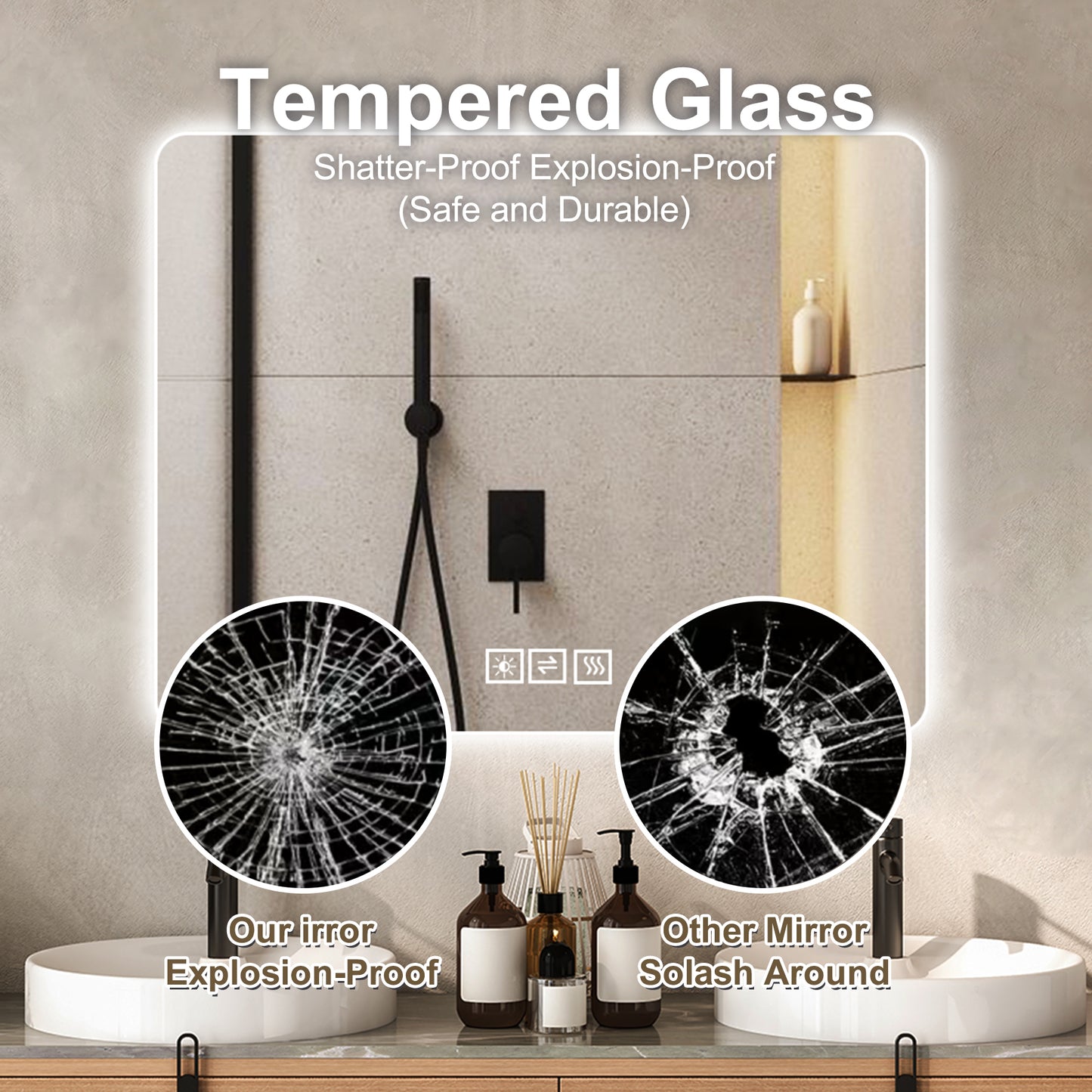 Explosionproof tempered glass vanity mirror with integrated LED lighting