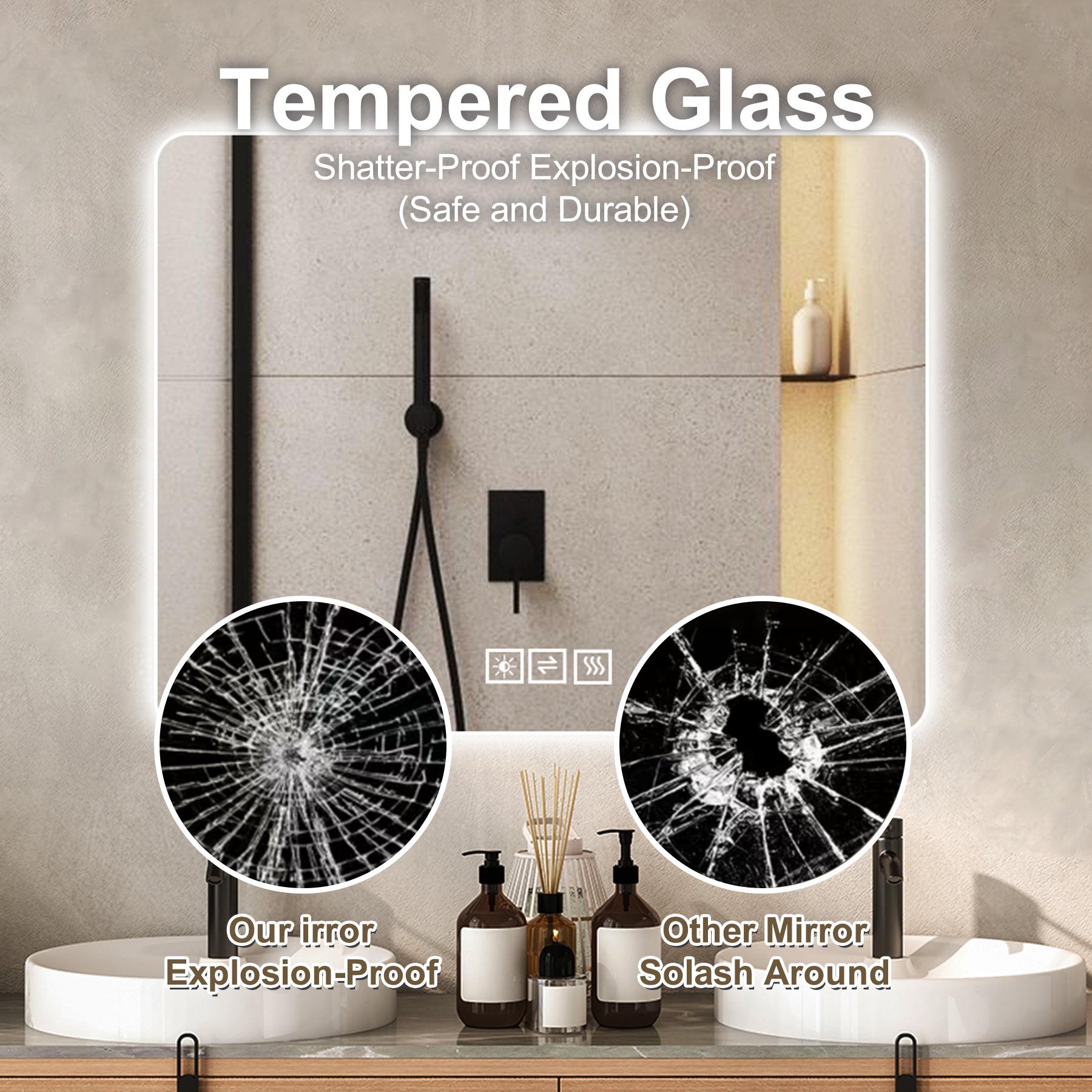 Explosionproof tempered glass vanity mirror with integrated LED lighting