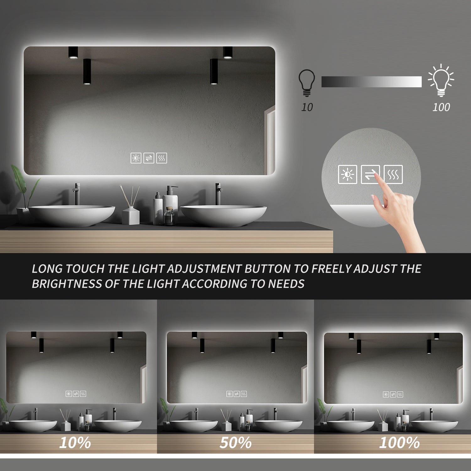 Modern bathroom vanity mirror with integrated LED lighting and dimming feature