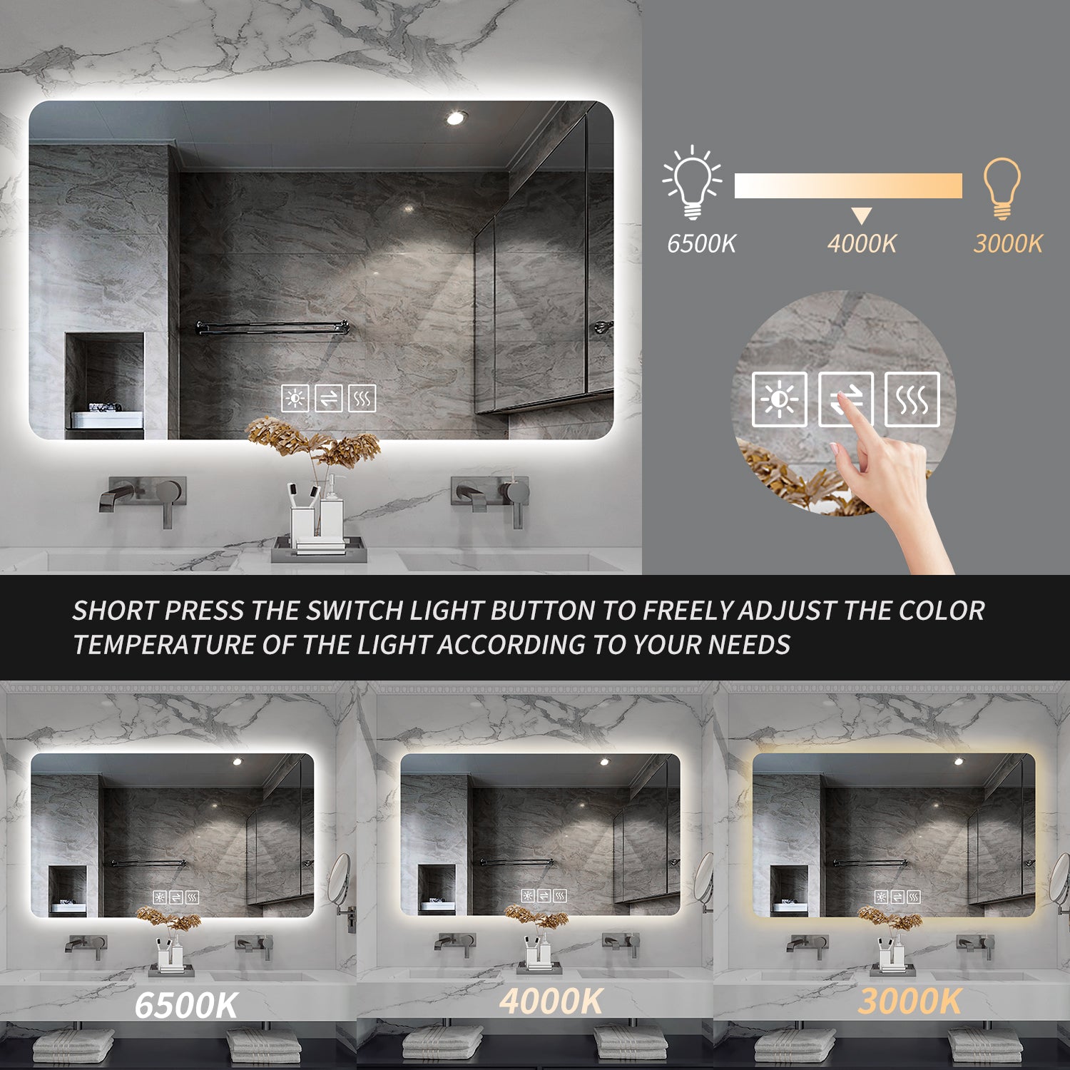 Modern illuminated bathroom mirror with adjustable color temperature KK
