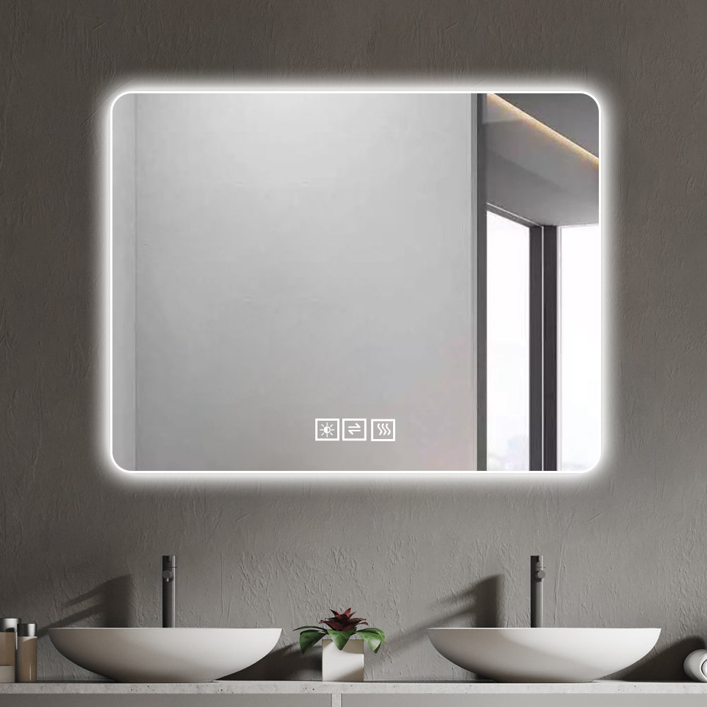 Modern illuminated bathroom mirror with touch controls and defogger feature