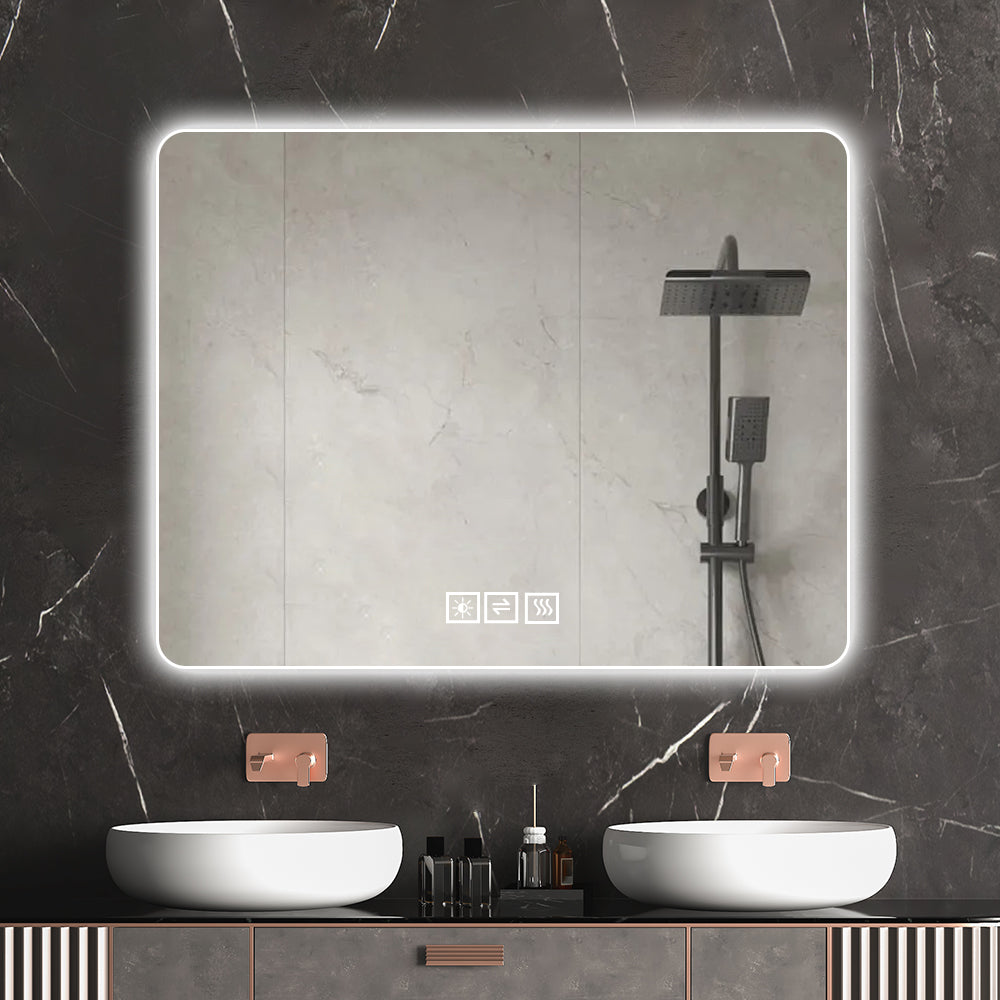Rectangular lighted bathroom mirror with integrated defogger and adjustable brightness