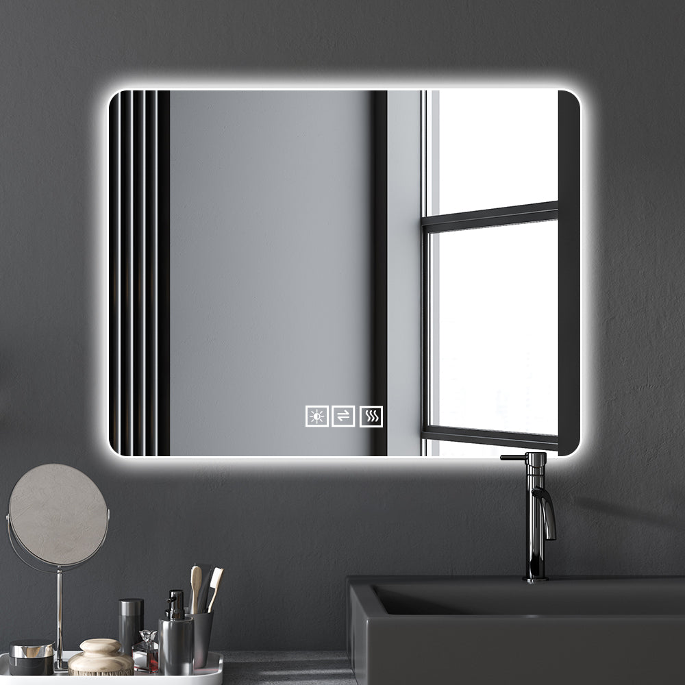 Modern illuminated bathroom mirror with integrated touch controls and defogger function