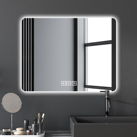 Modern illuminated bathroom mirror with integrated touch controls and defogger function