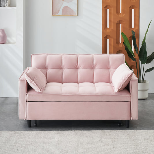 Pink velvet futon sofa with tufted cushions and matching throw pillows modern living room furniture