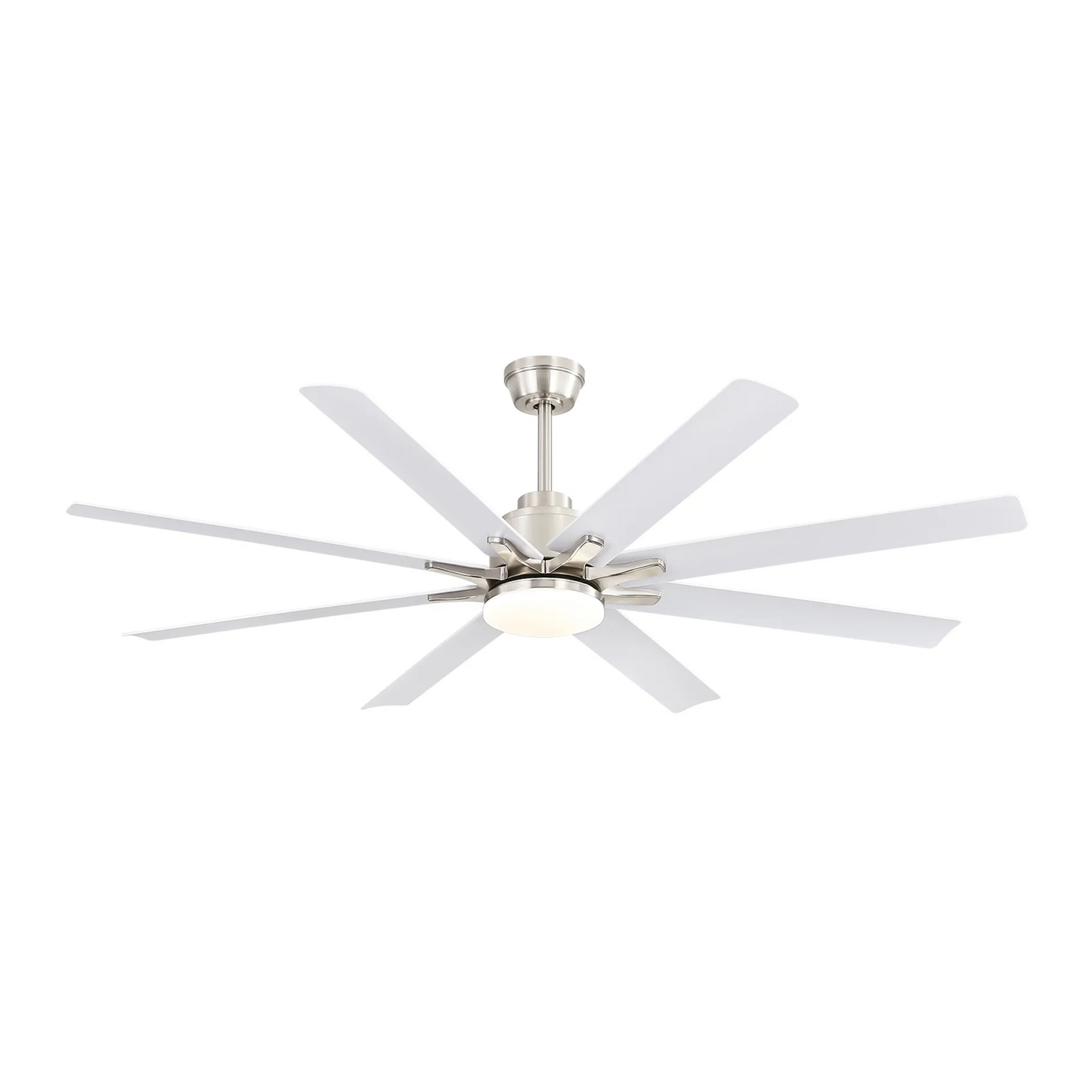 Eightblade white ceiling fan with brushed nickel motor and integrated LED light