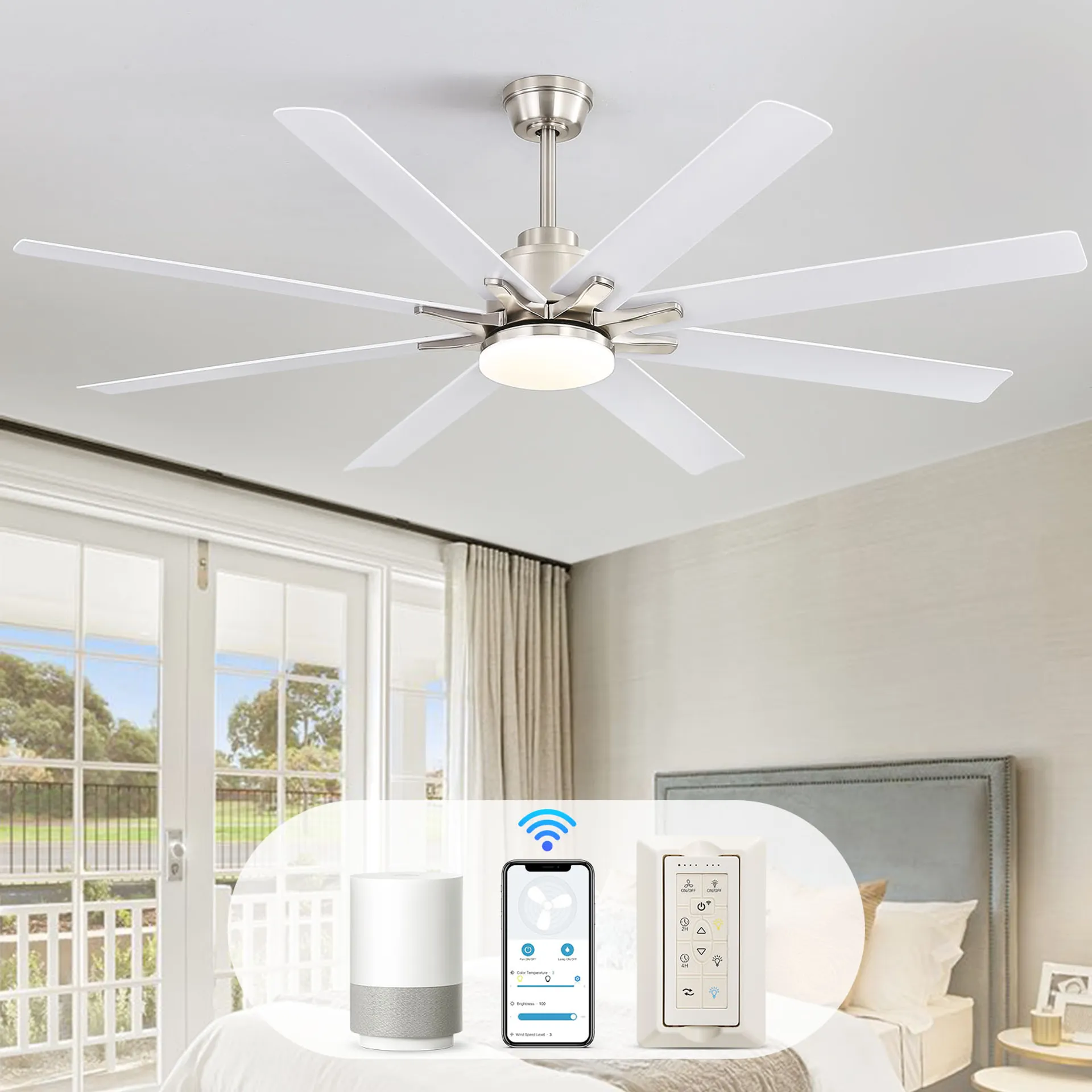 Modern brushed nickel ceiling fan with eight white blades and integrated LED light