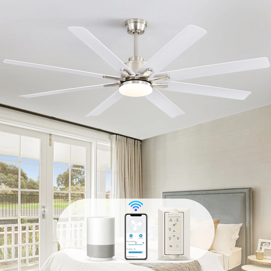 Modern brushed nickel ceiling fan with eight white blades and integrated LED light