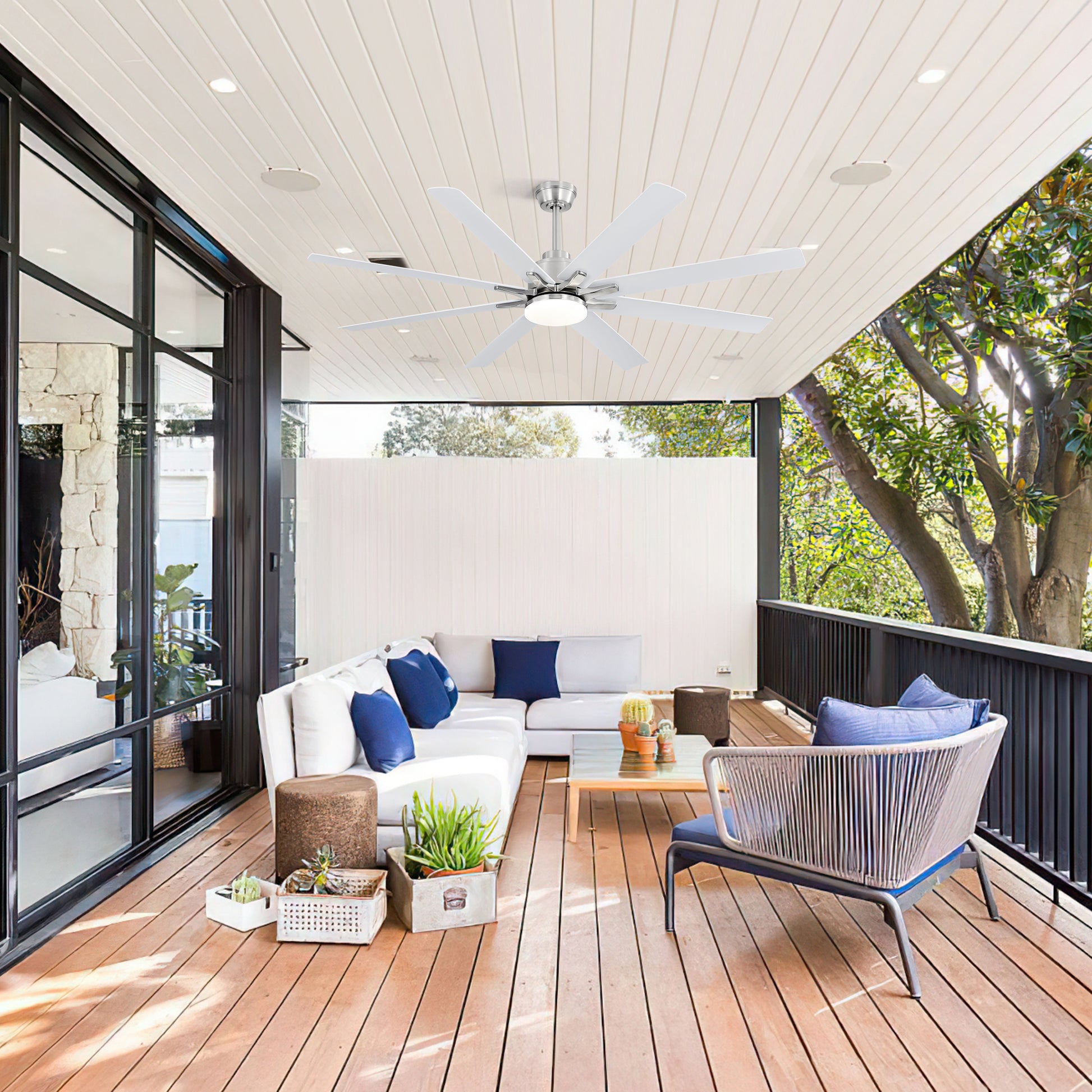 Modern white outdoor ceiling fan with integrated LED light and eight blades ideal for patios