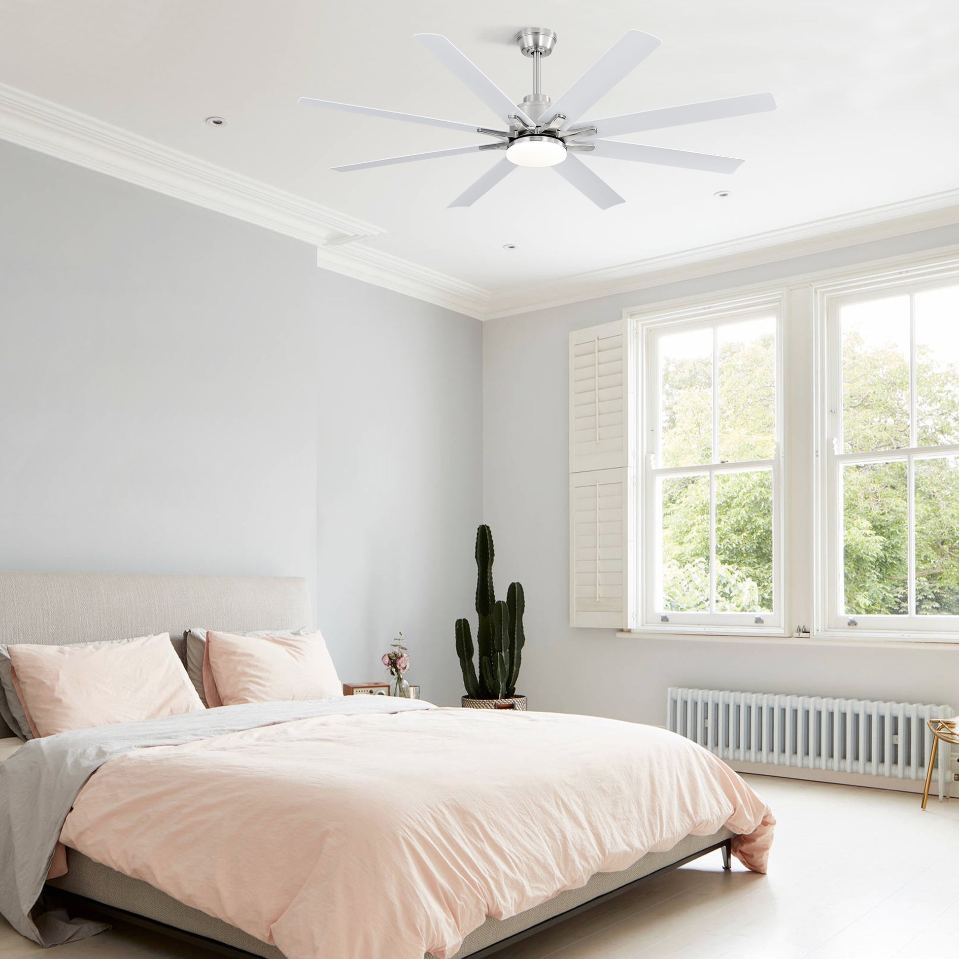 Brushed nickel modern ceiling fan with  white blades and integrated LED light