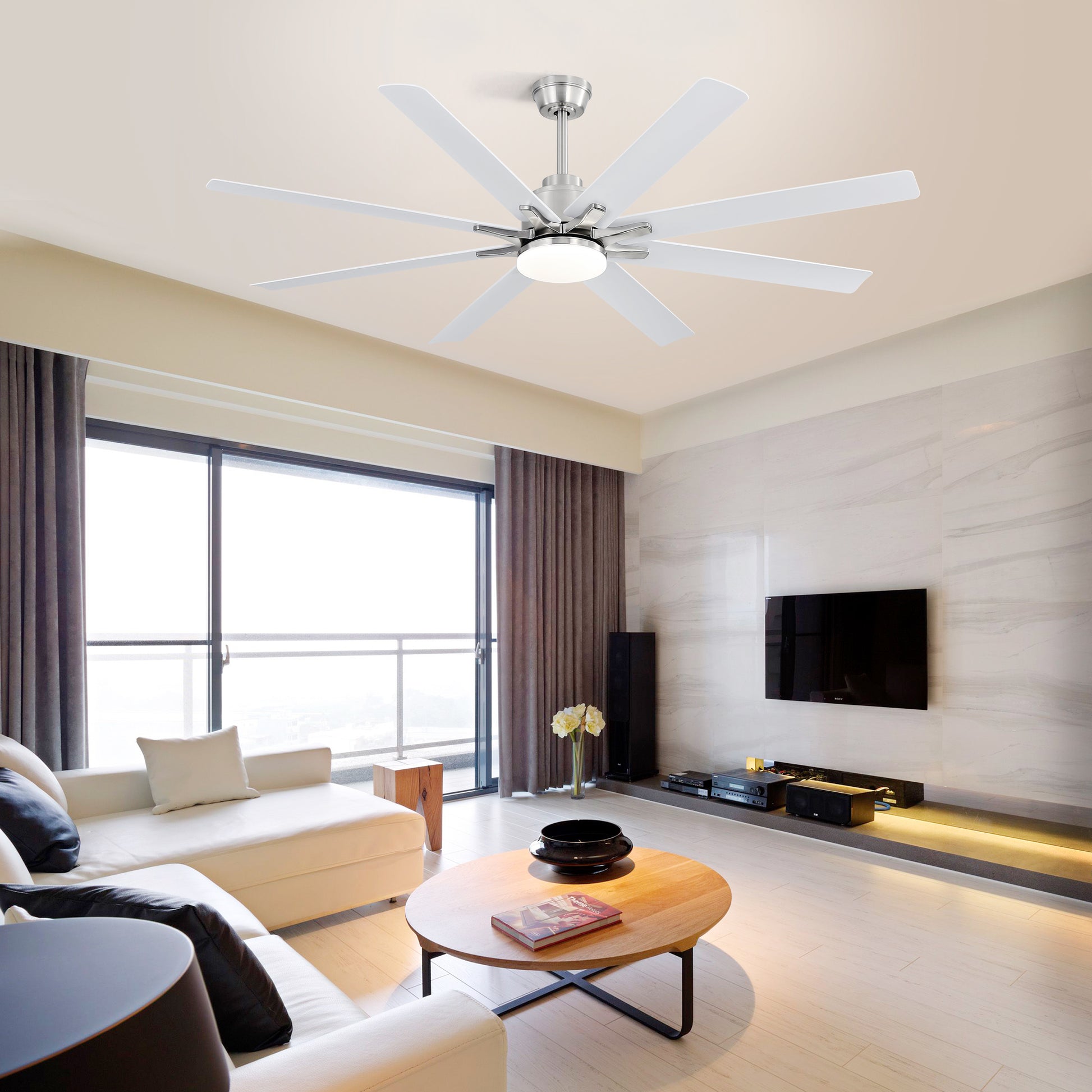 Modern white blade ceiling fan with integrated LED light and brushed nickel finish ideal for living rooms