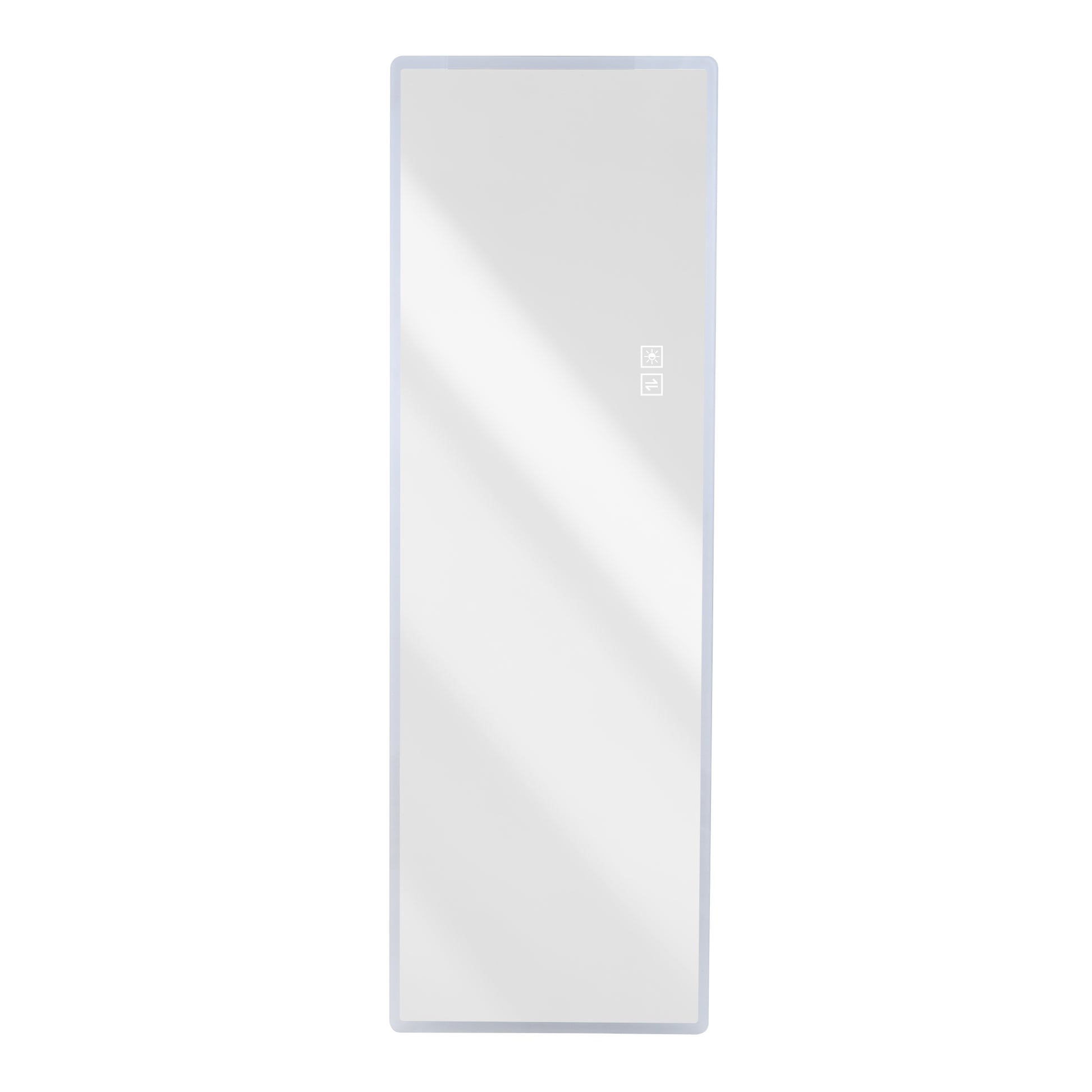 Fulllength vertical mirror with sleek silver frame and touchsensitive controls