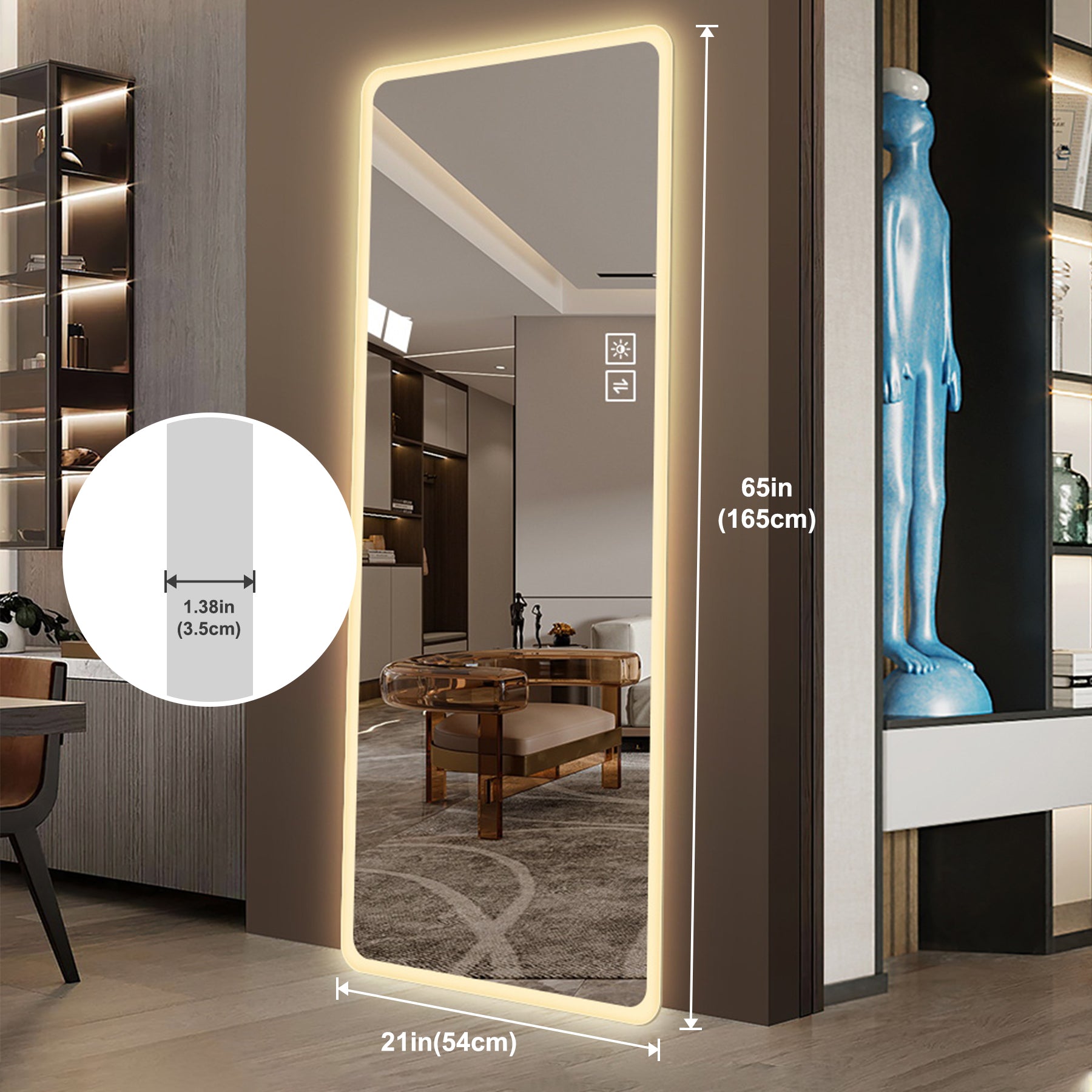 Full length LED mirror with touch controls and dimmer in height