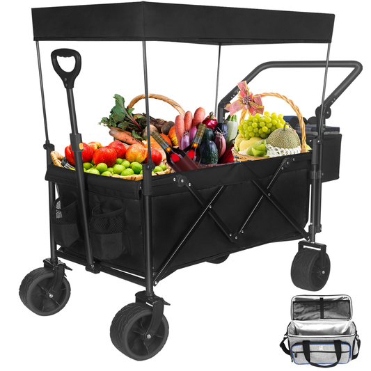 Black collapsible wagon with canopy and fresh produce and wine