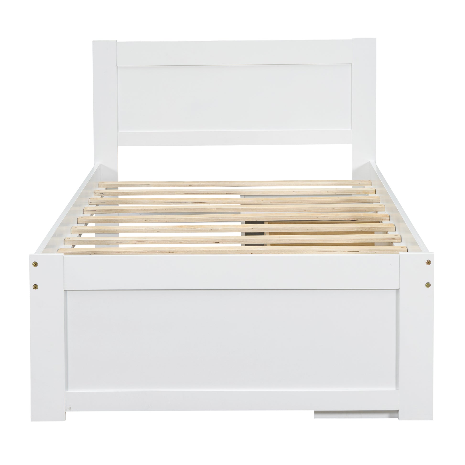 White wooden twin bed frame with slatted base