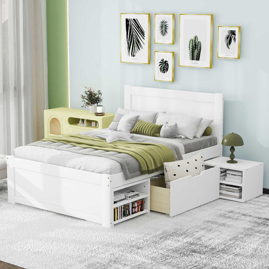 White wooden platform bed with integrated drawers and builtin bookshelves