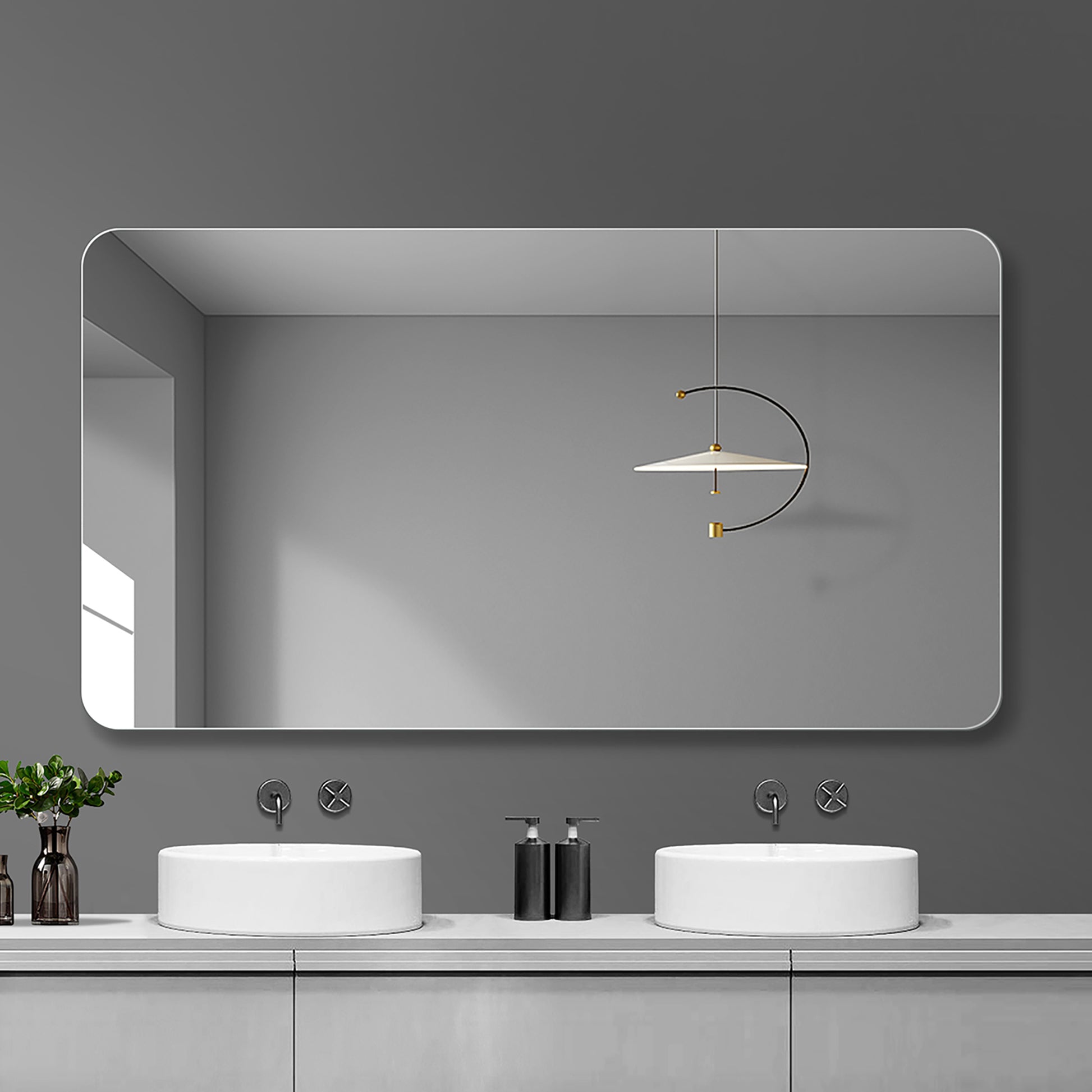 Large frameless rounded rectangle bathroom mirror with modern minimalist design