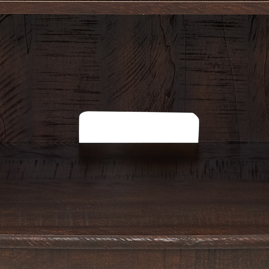 Dark wood entertainment center shelf with cable management cutout