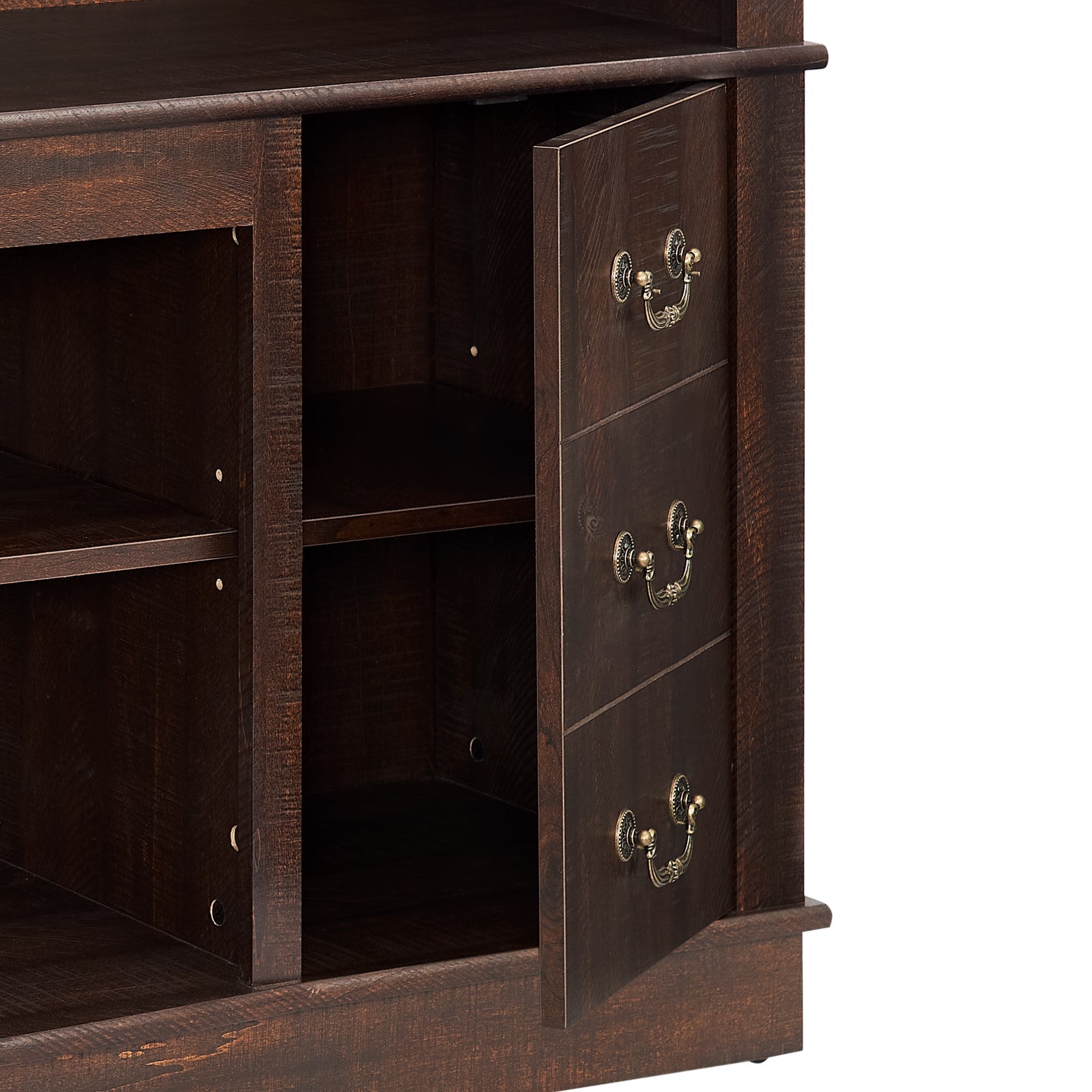Dark wood media console with visible grain detail and antique brass drawer pulls