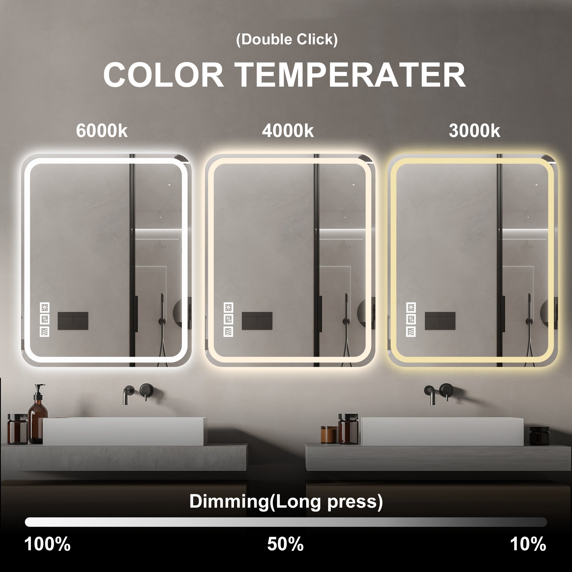 Rectangular LED bathroom mirror with adjustable color temperature from cool white to warm yellow