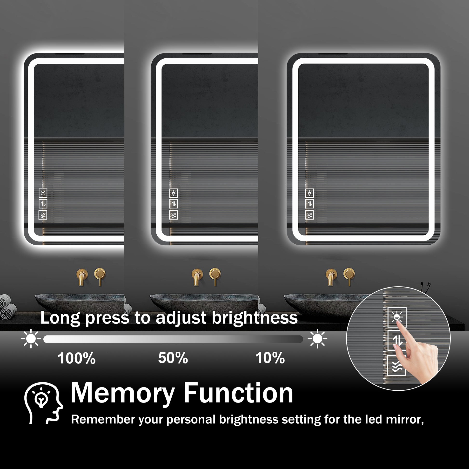 Rectangular LED mirror with adjustable brightness and memory function ideal for modern bathrooms