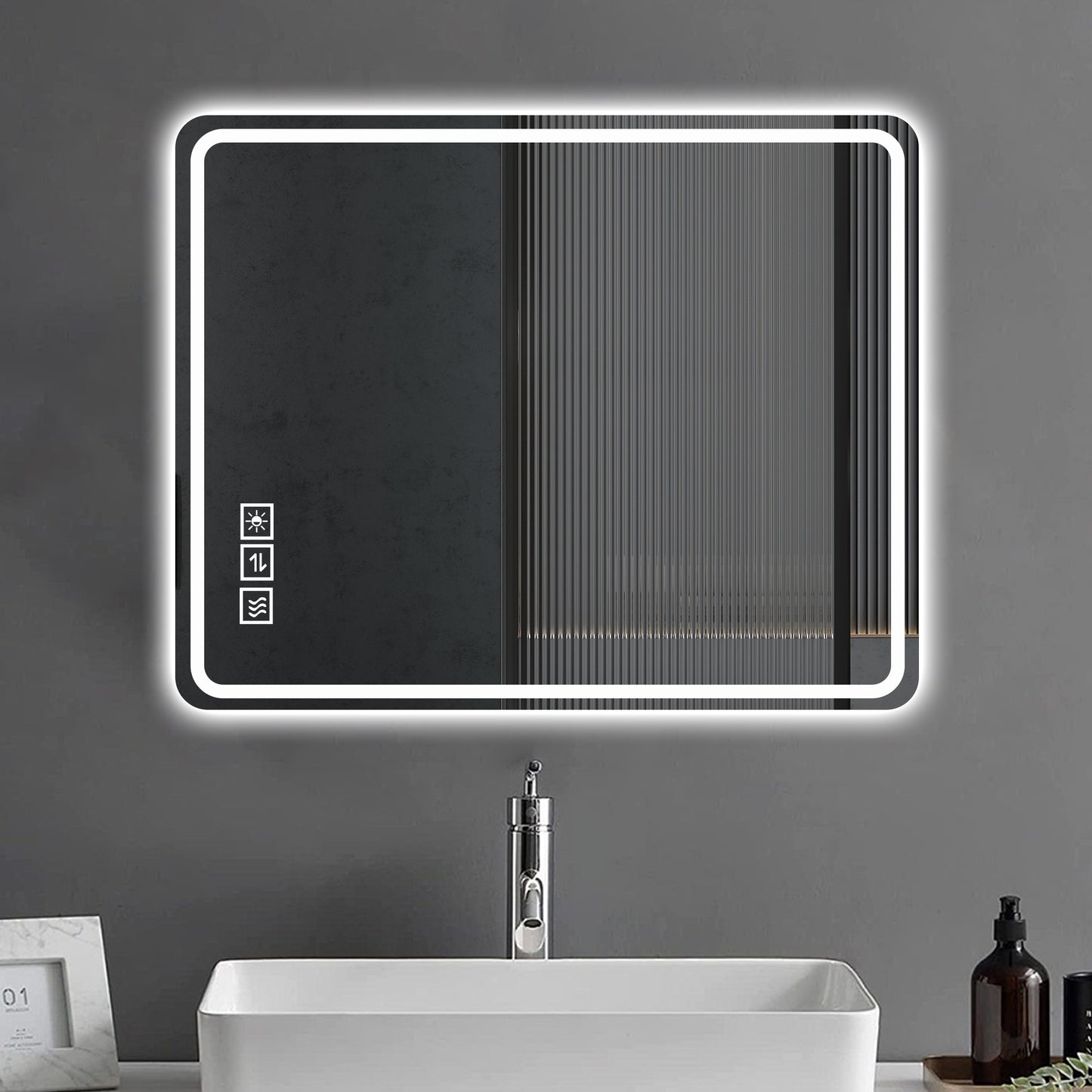 Rectangular bathroom mirror with integrated LED lighting and touch controls