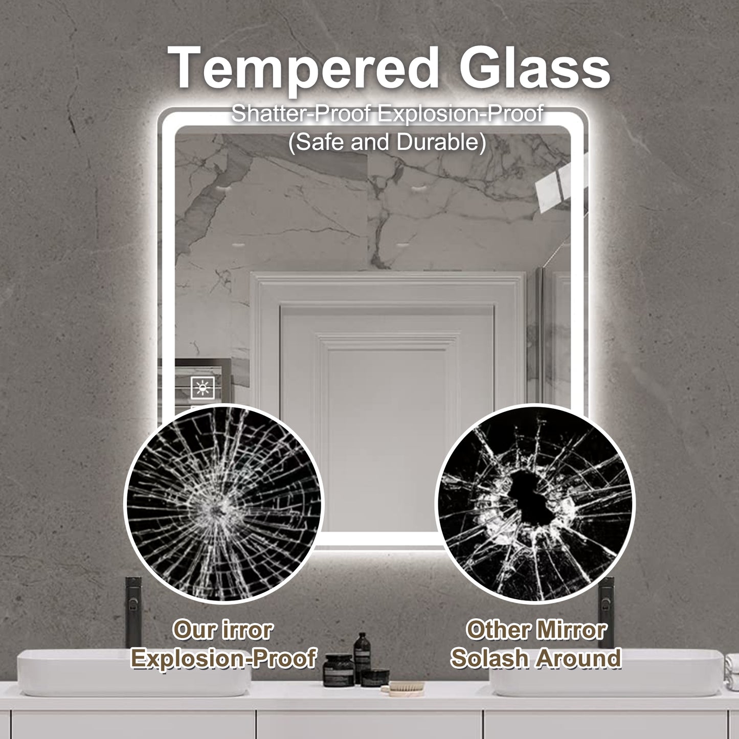 LED illuminated bathroom mirror with tempered glass shatterproof