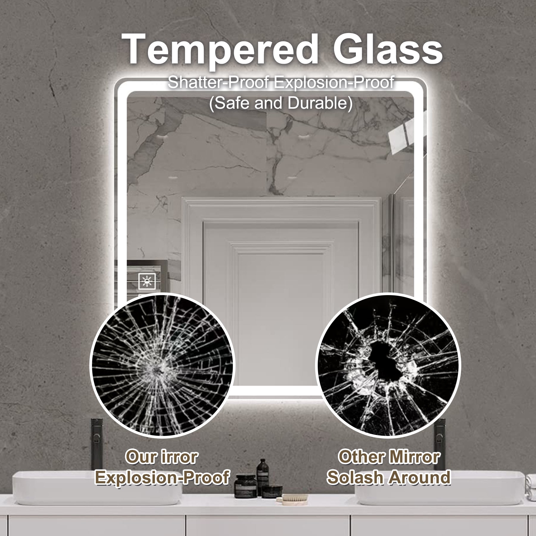 LED illuminated bathroom mirror with tempered glass shatterproof