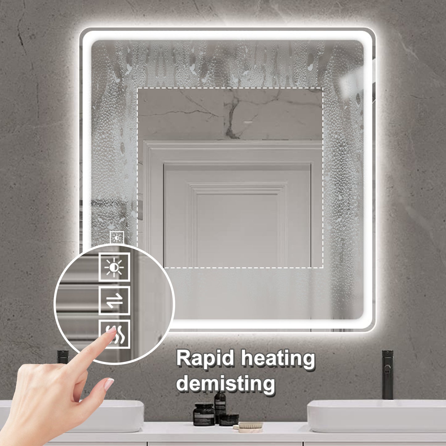 Lit bathroom mirror with touch controls for demisting function