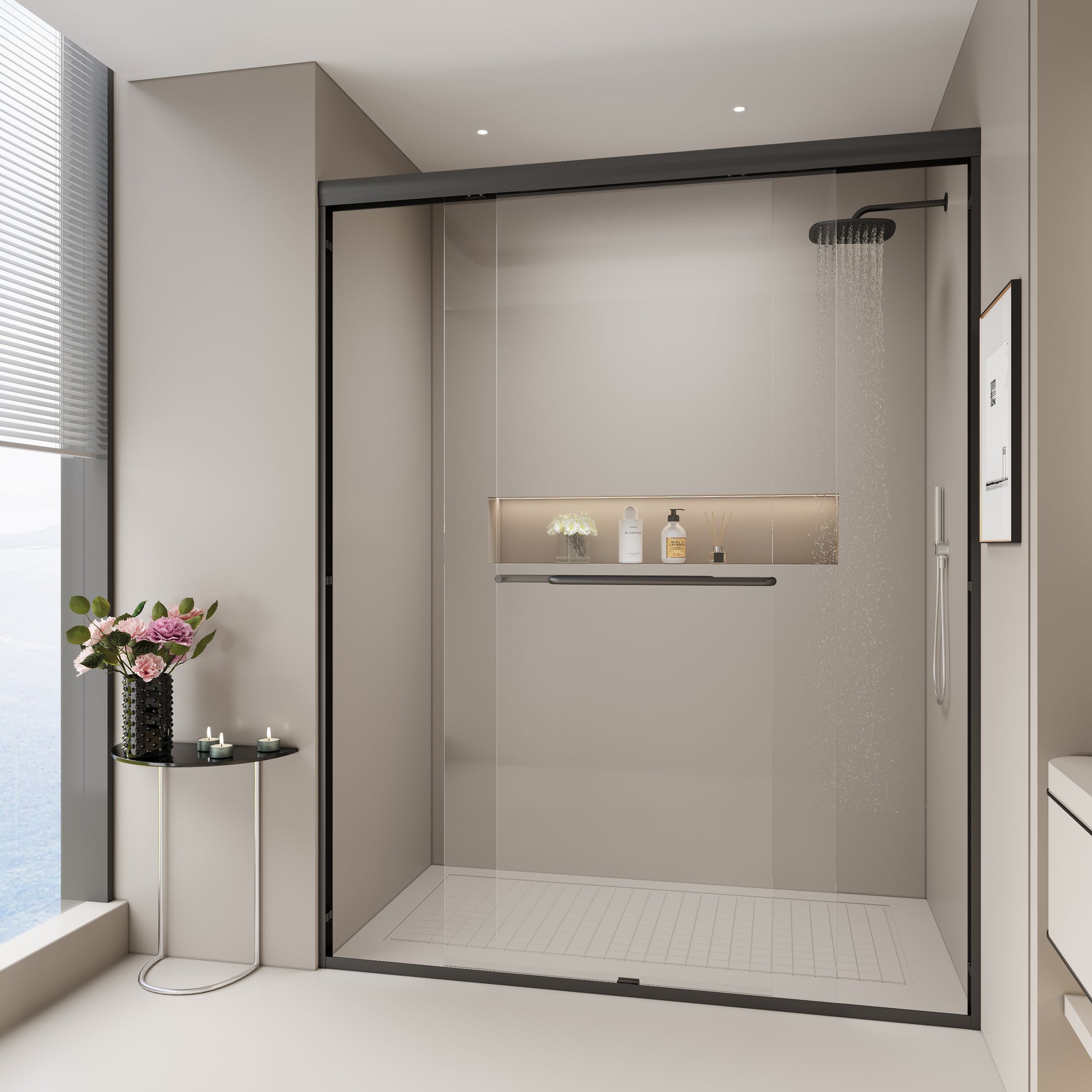 Modern black frame sliding glass shower door with rainfall showerhead