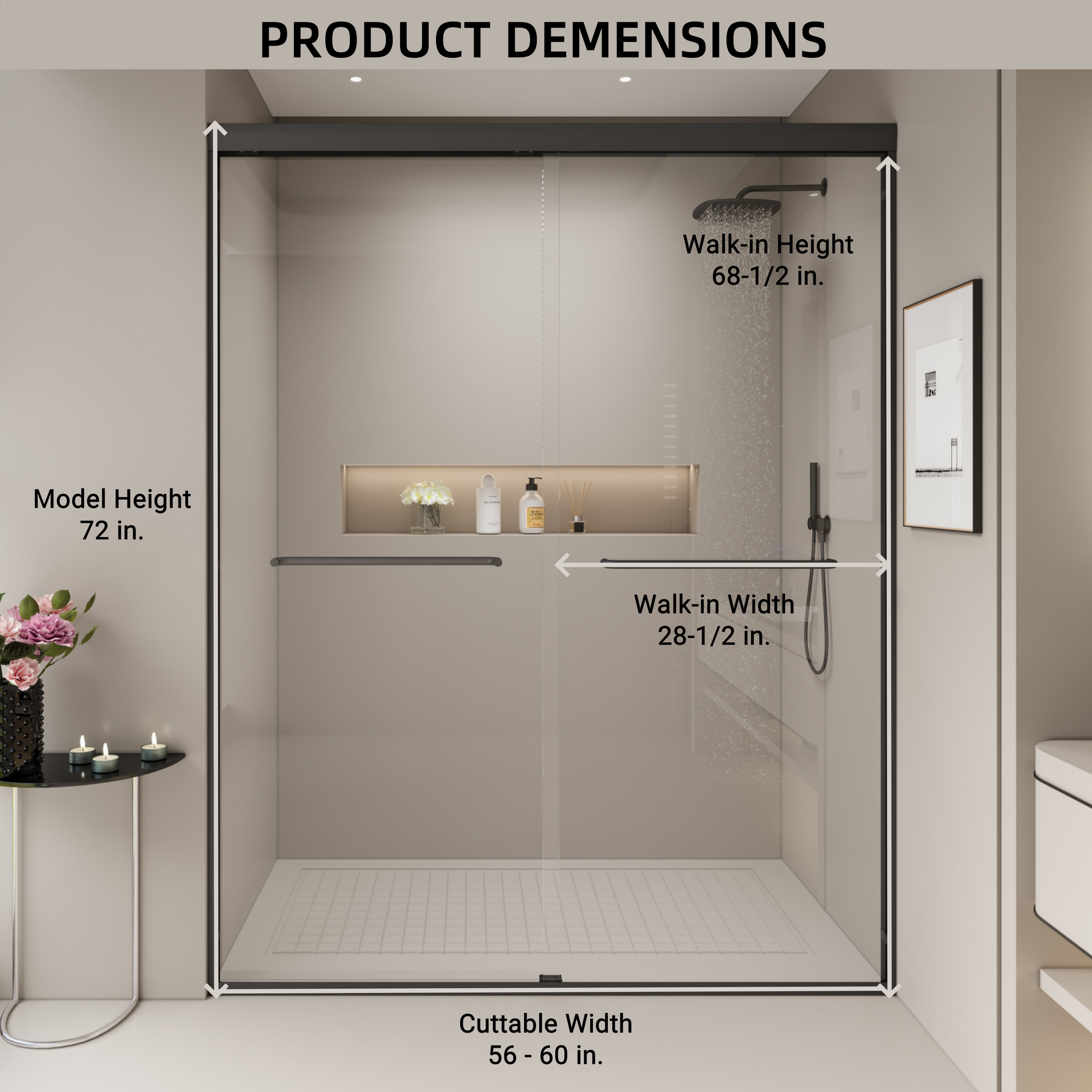 Modern frameless glass shower enclosure with dimensions in model height  in walkin height