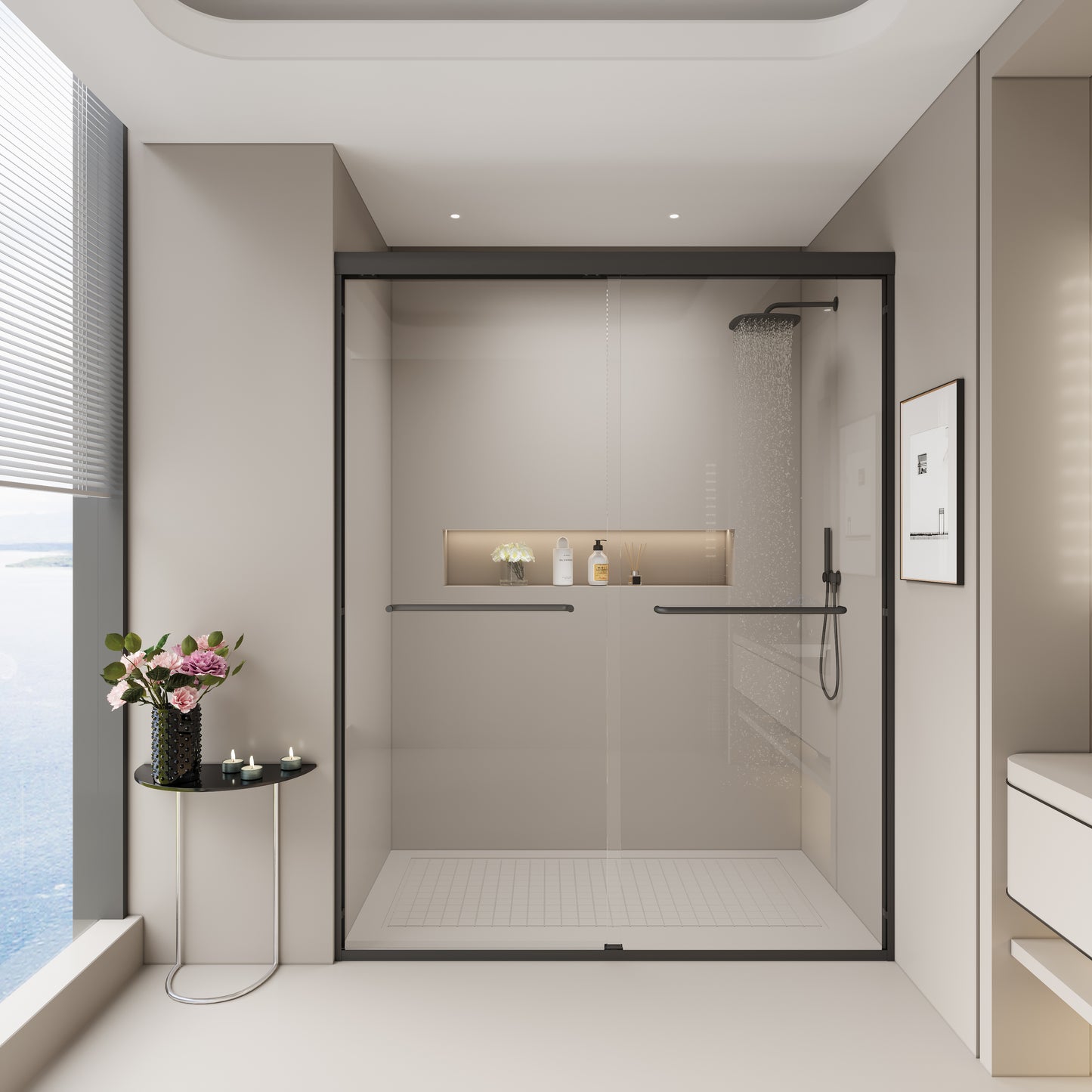 Modern frameless glass shower enclosure with chrome handles and integrated shelving