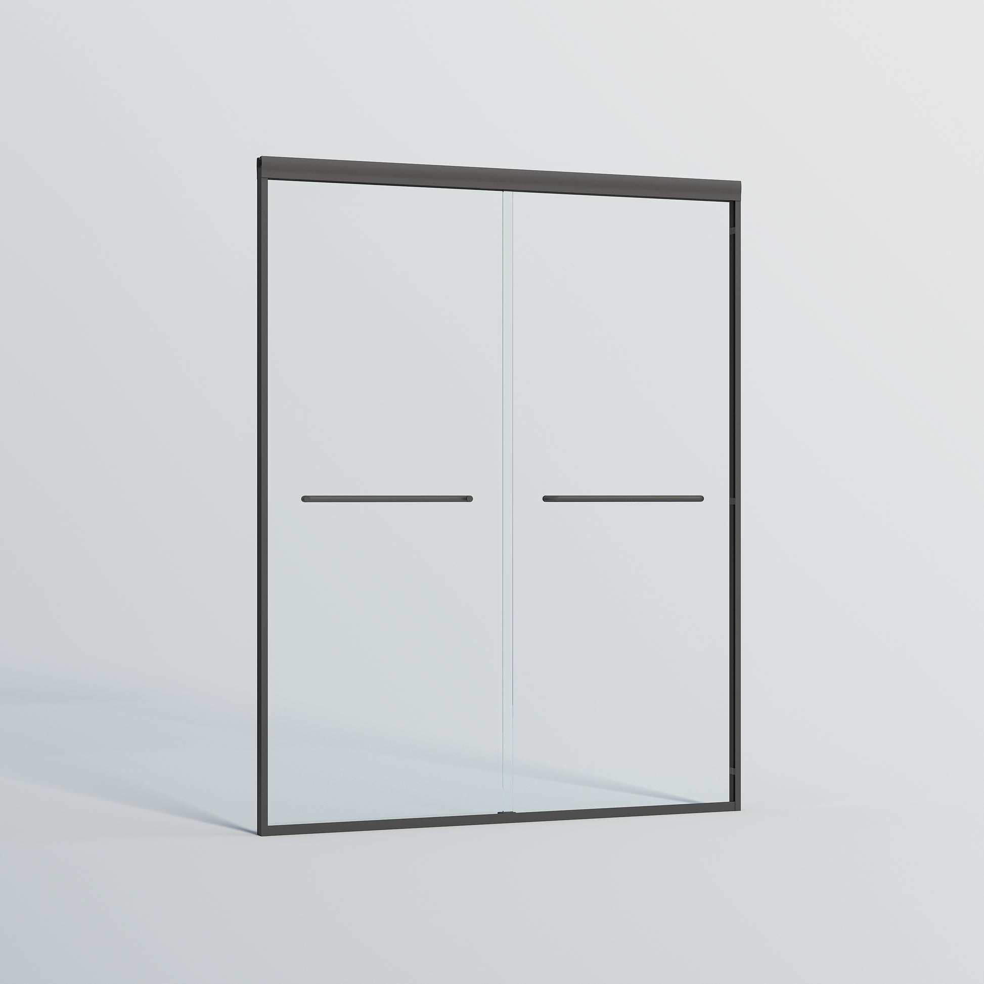 Modern sliding shower door with clear glass and matte black frame for contemporary bathrooms