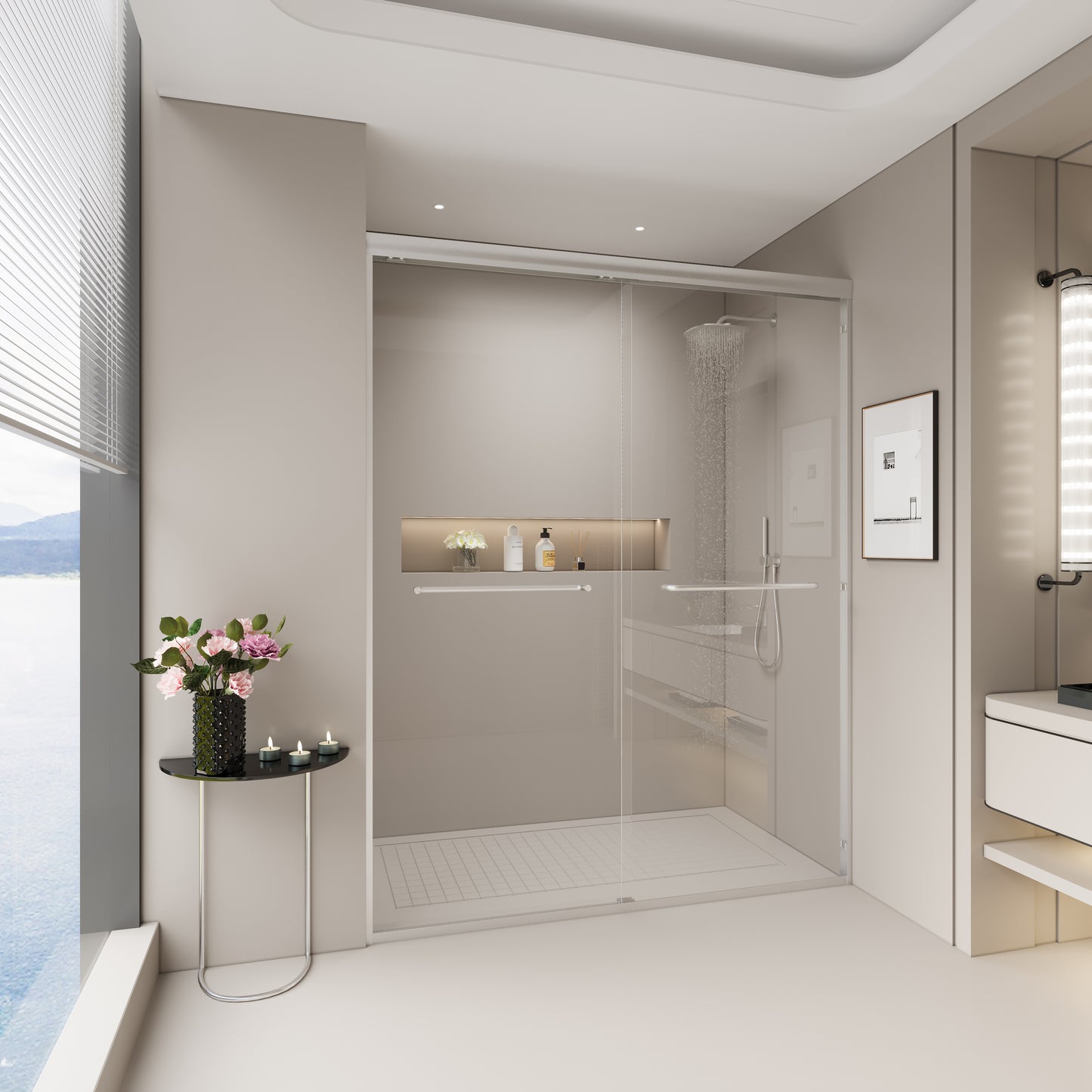 Modern frameless glass shower enclosure with sleek chrome hardware and rainfall showerhead