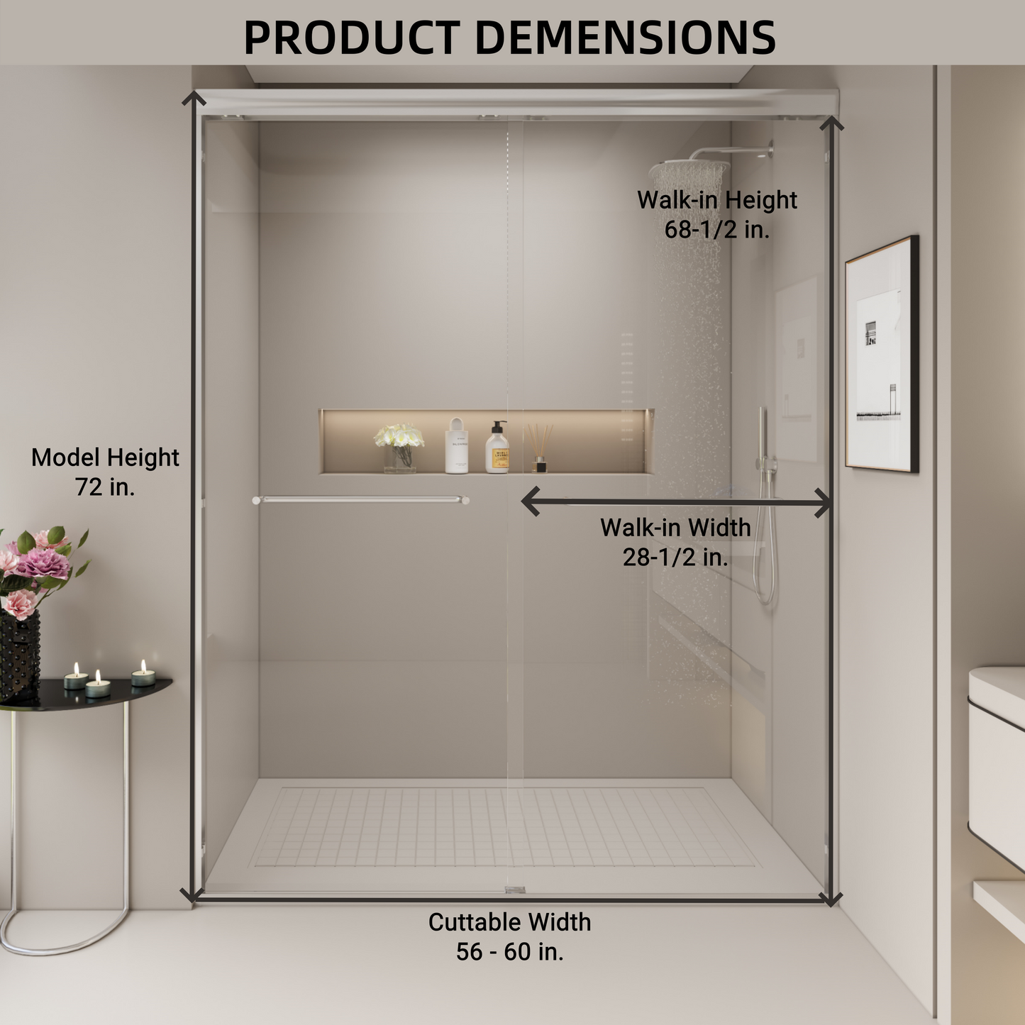 Modern frameless glass shower enclosure with cuttable width  inches