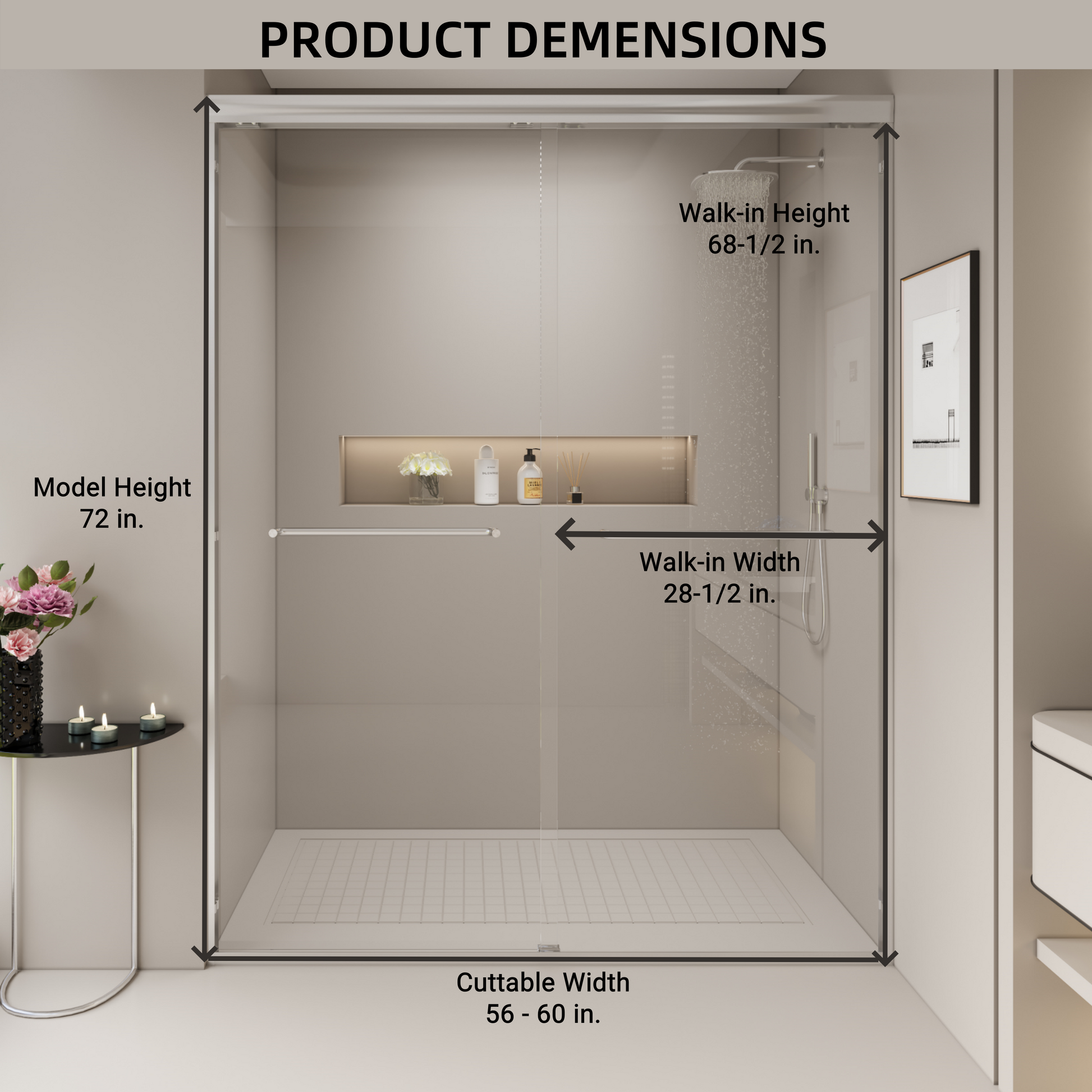 Modern frameless glass shower enclosure with cuttable width  inches