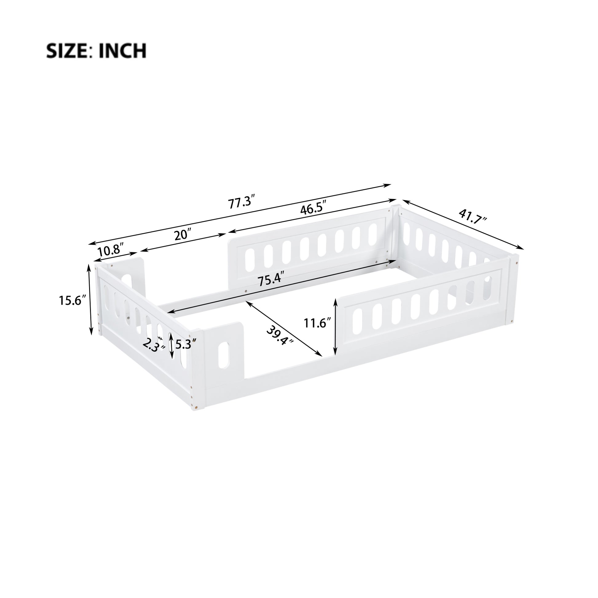 White toddler bed with decorative cutouts dimensions labeled in inches