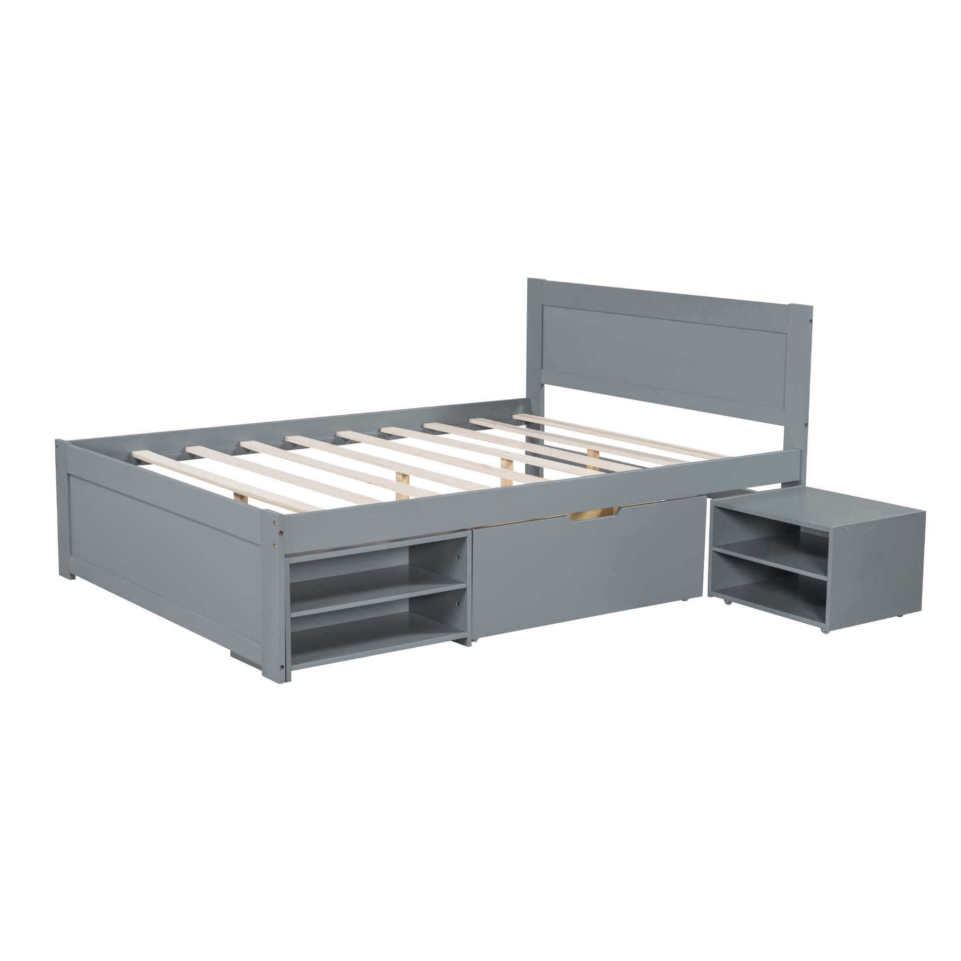 Grey wooden twin bed frame with two storage shelves on the side